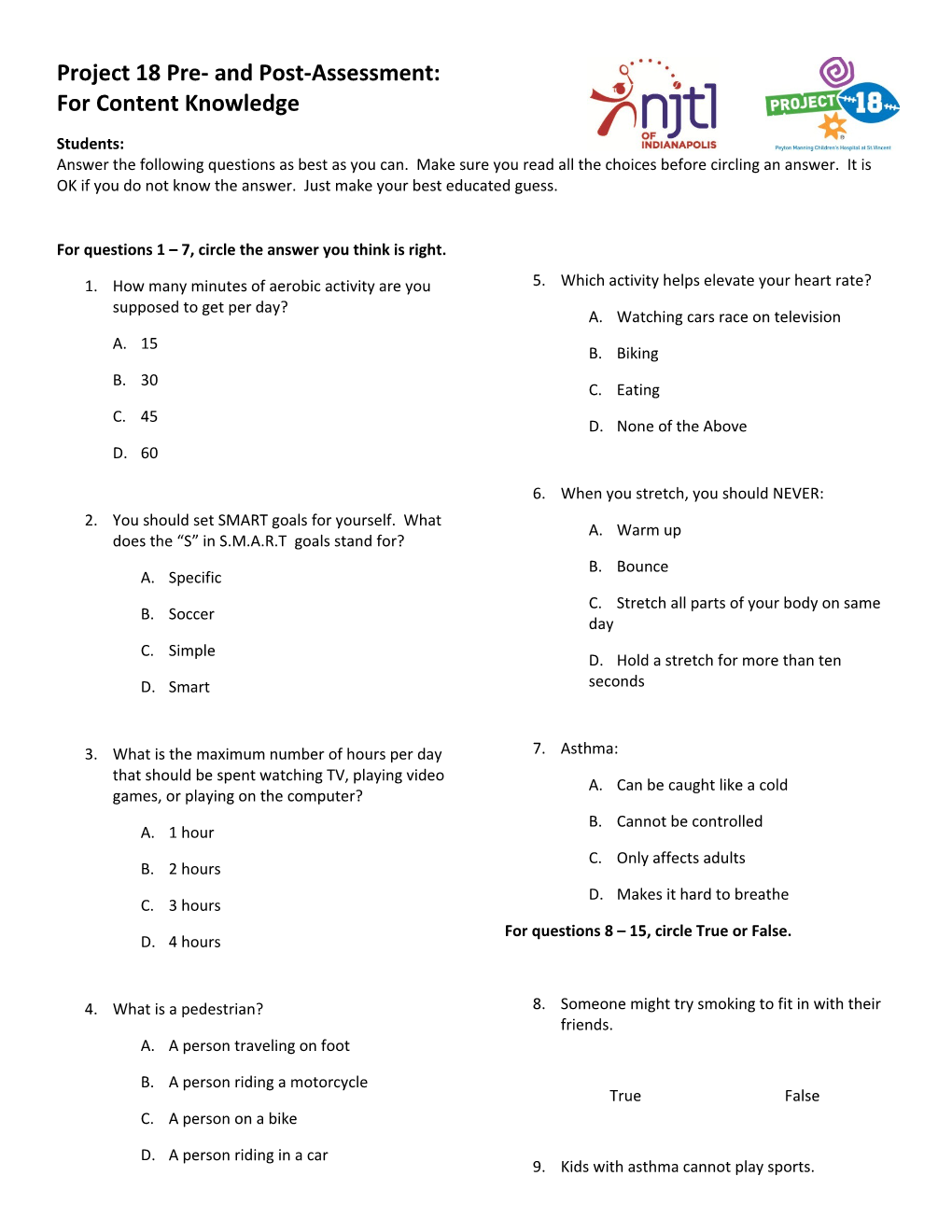 For Questions 1 7, Circle the Answer You Think Is Right