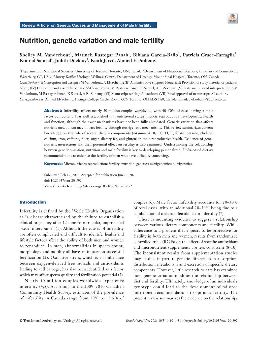 Nutrition, Genetic Variation and Male Fertility