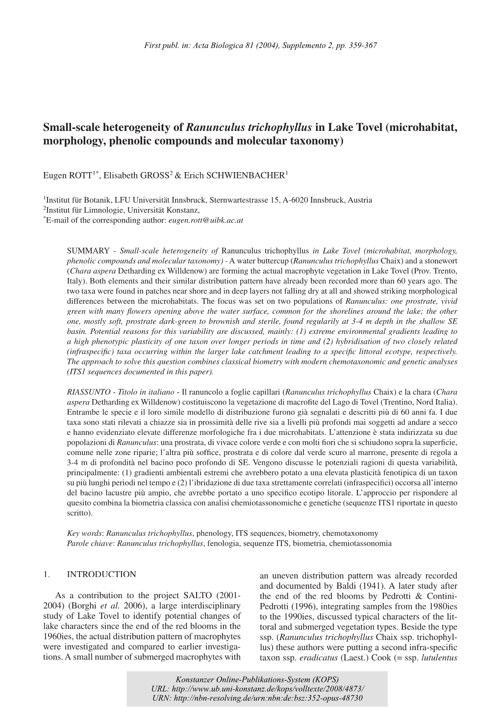 Small-Scale Heterogeneity of Ranunculus Trichophyllus in Lake Tovel (Microhabitat, Morphology, Phenolic Compounds and Molecular Taxonomy)