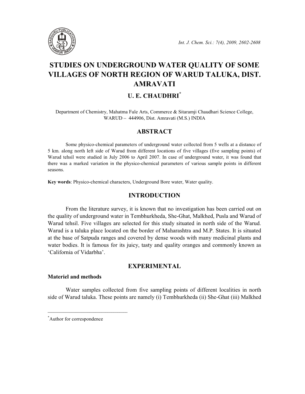 Studies on Underground Water Quality of Some Villages of North Region of Warud Taluka, Dist