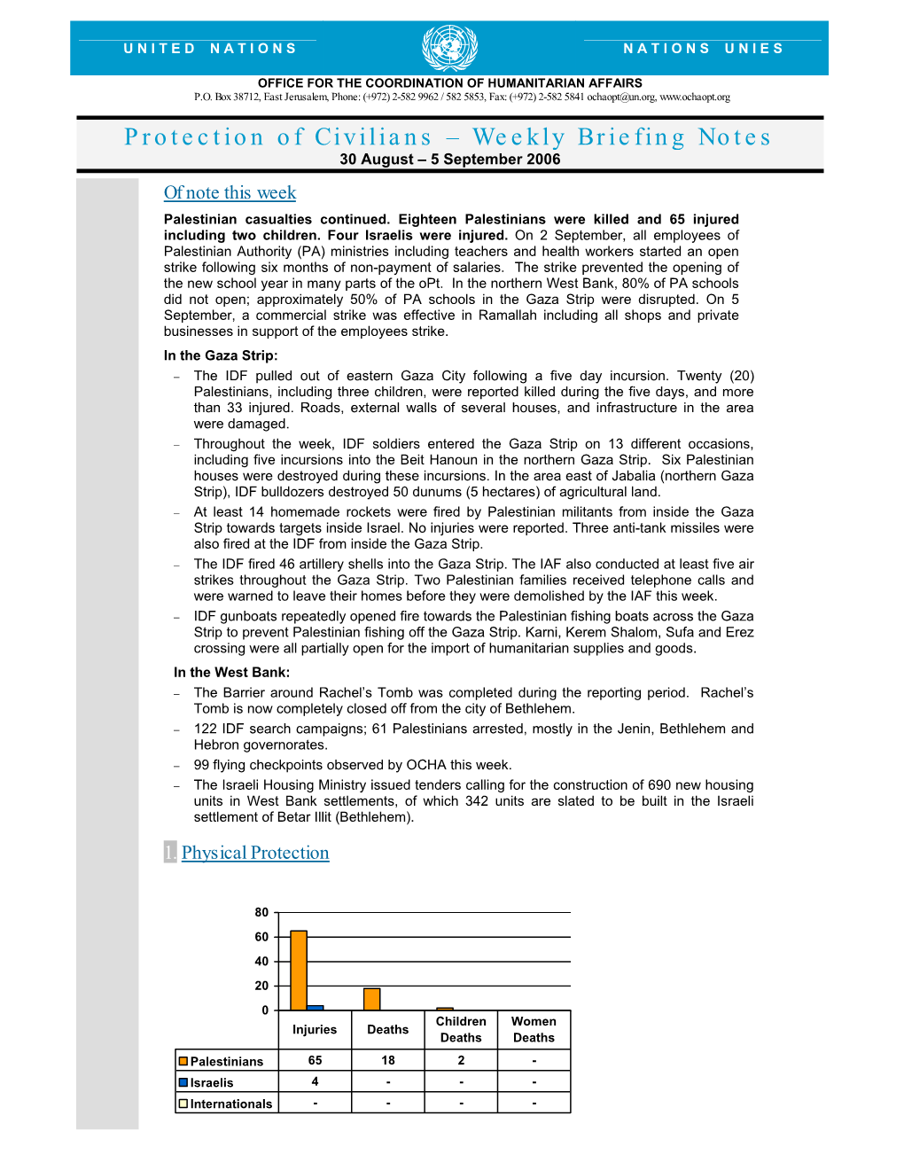 Protection of Civilians – Weekly Briefing Notes 30 August – 5 September 2006 of Note This Week Palestinian Casualties Continued