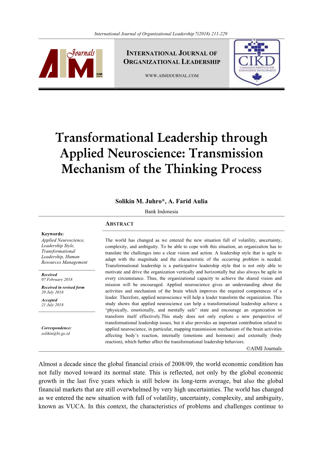 Transformational Leadership Through Applied Neuroscience: Transmission Mechanism of the Thinking Process