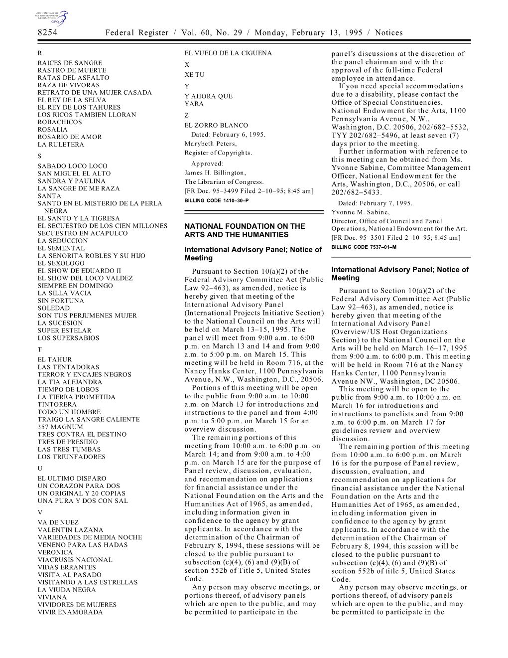 Federal Register / Vol. 60, No. 29 / Monday, February 13, 1995 / Notices