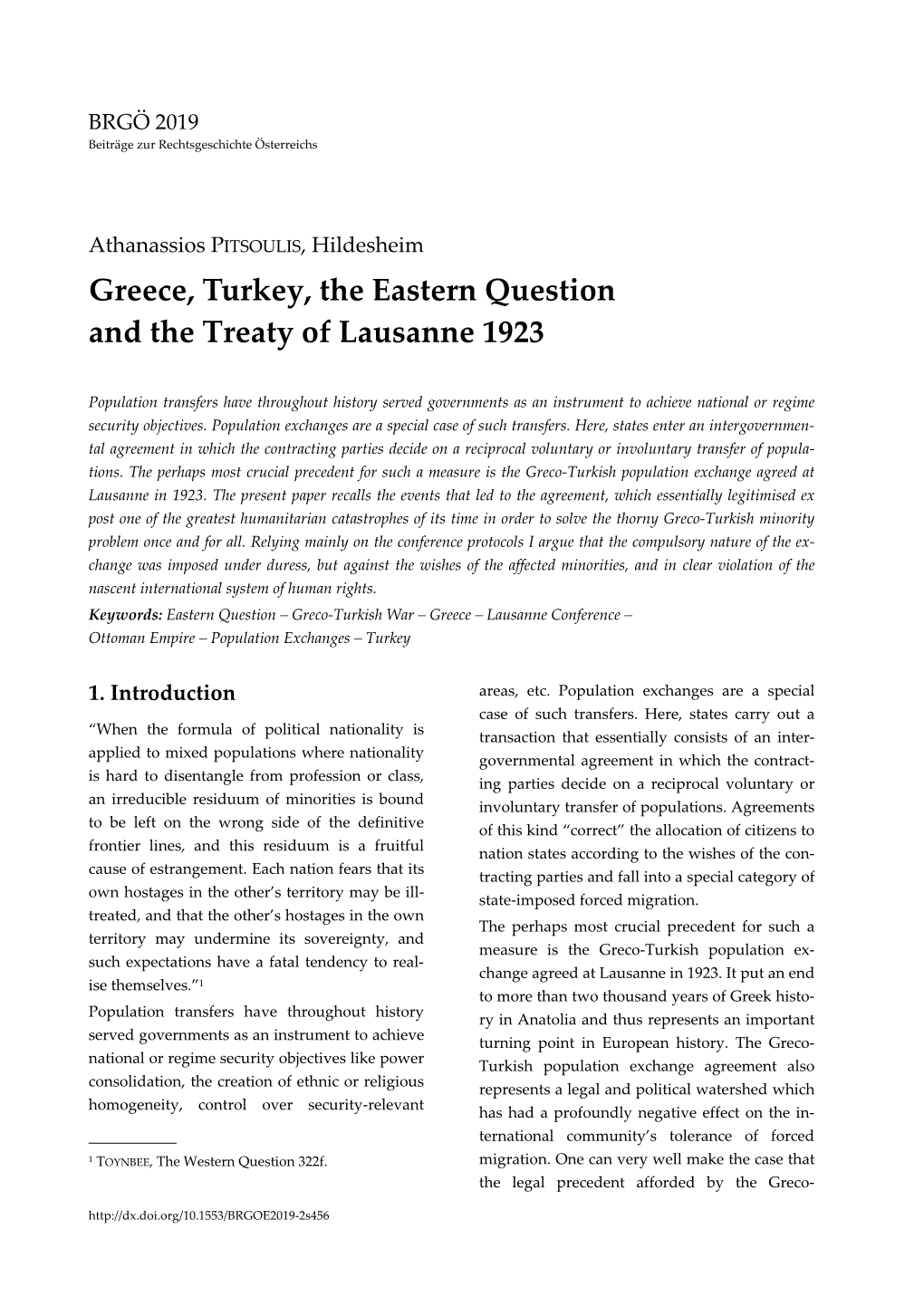 Greece, Turkey, the Eastern Question and the Treaty of Lausanne 1923