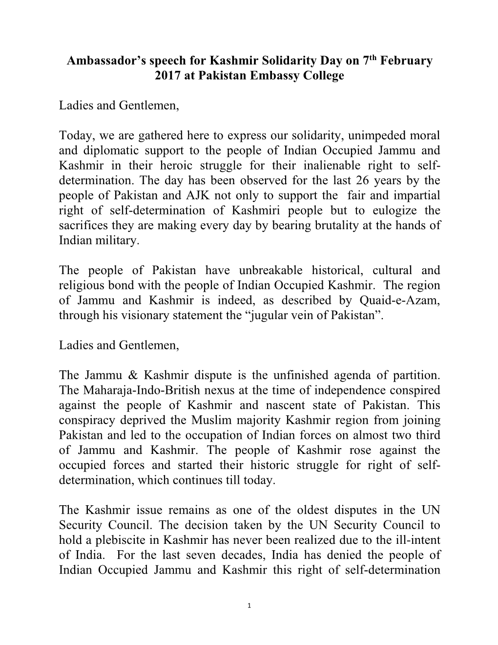 Ambassador's Speech for Kashmir Solidarity Day on 7 Th February