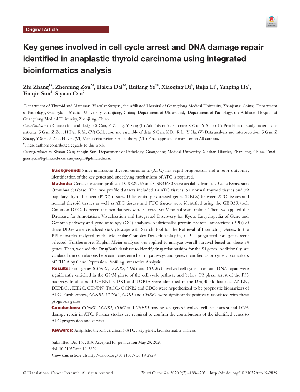 Key Genes Involved in Cell Cycle Arrest and DNA Damage Repair Identified in Anaplastic Thyroid Carcinoma Using Integrated Bioinformatics Analysis