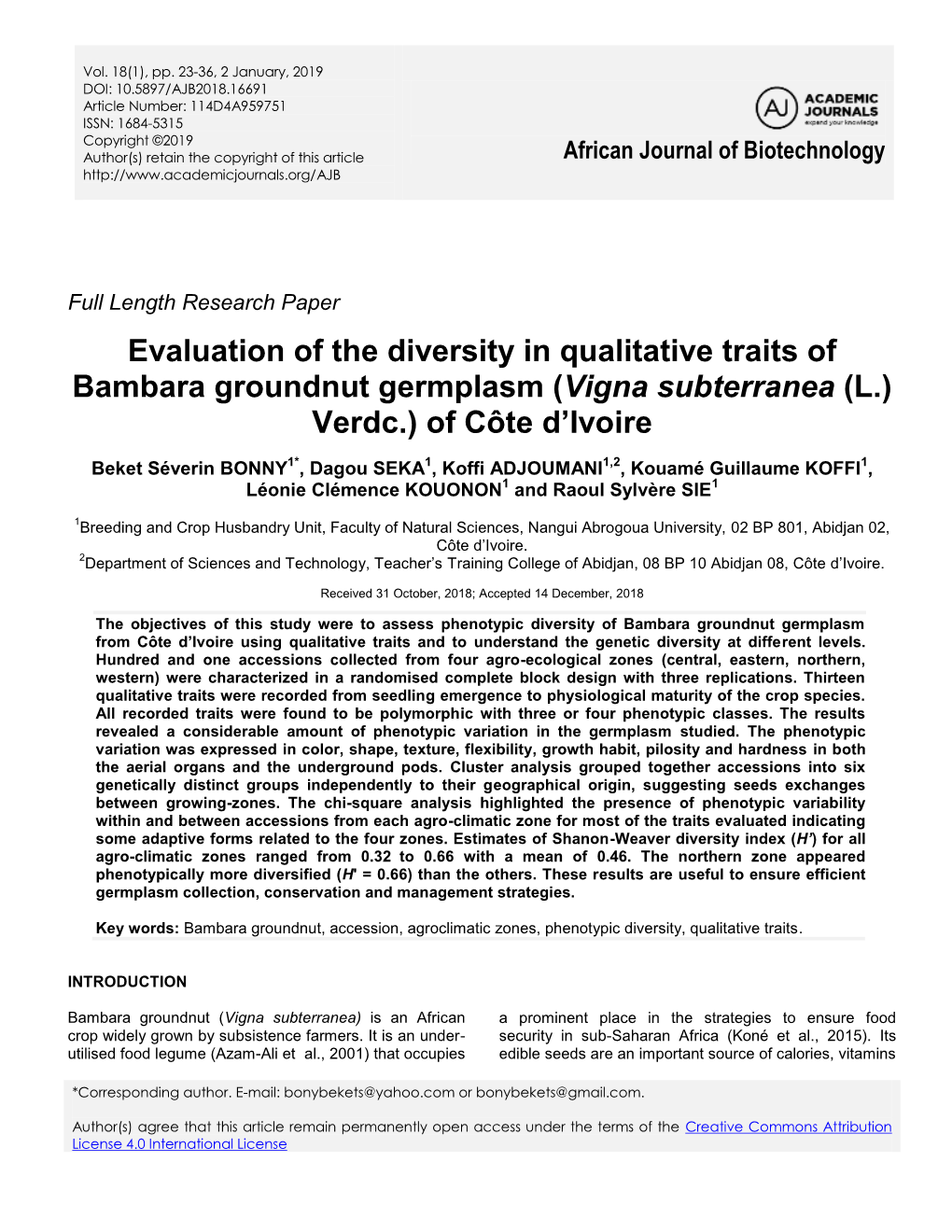 Evaluation of the Diversity in Qualitative Traits of Bambara Groundnut Germplasm (Vigna Subterranea (L.) Verdc.) of Côte D’Ivoire