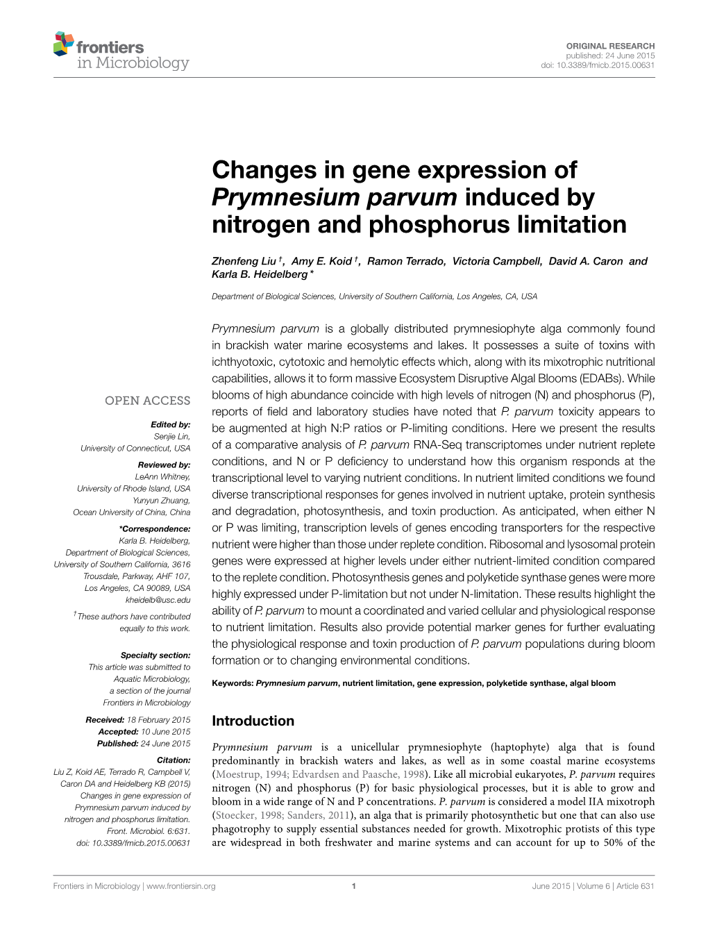 Changes in Gene Expression of Prymnesium Parvum Induced by Nitrogen and Phosphorus Limitation