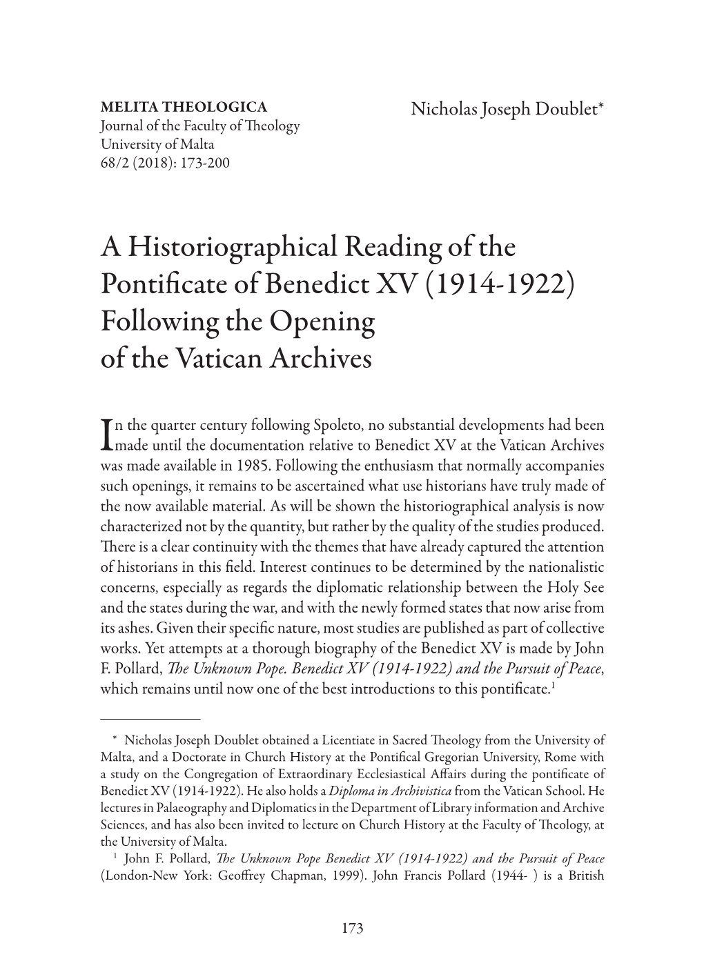 A Historiographical Reading of the Pontificate of Benedict XV (1914-1922) Following the Opening of the Vatican Archives