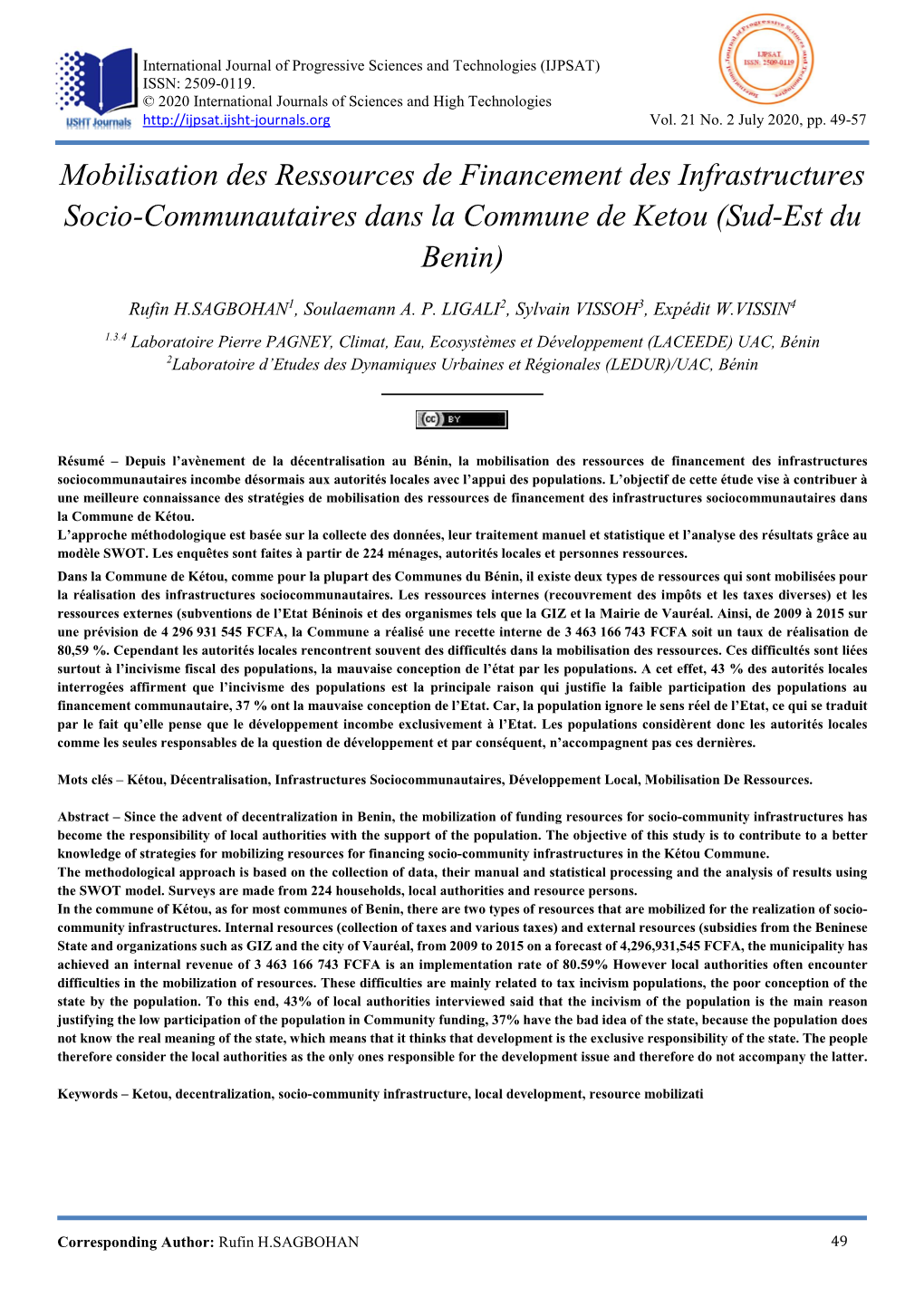 Mobilisation Des Ressources De Financement Des Infrastructures Socio-Communautaires Dans La Commune De Ketou (Sud-Est Du Benin)