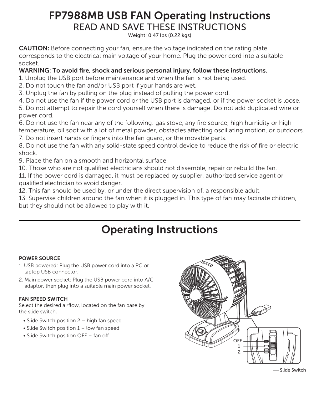 FP7988MB USB FAN Operating Instructions Operating Instructions