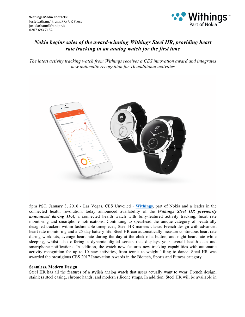Nokia Begins Sales of the Award-Winning Withings Steel HR, Providing Heart Rate Tracking in an Analog Watch for the First Time