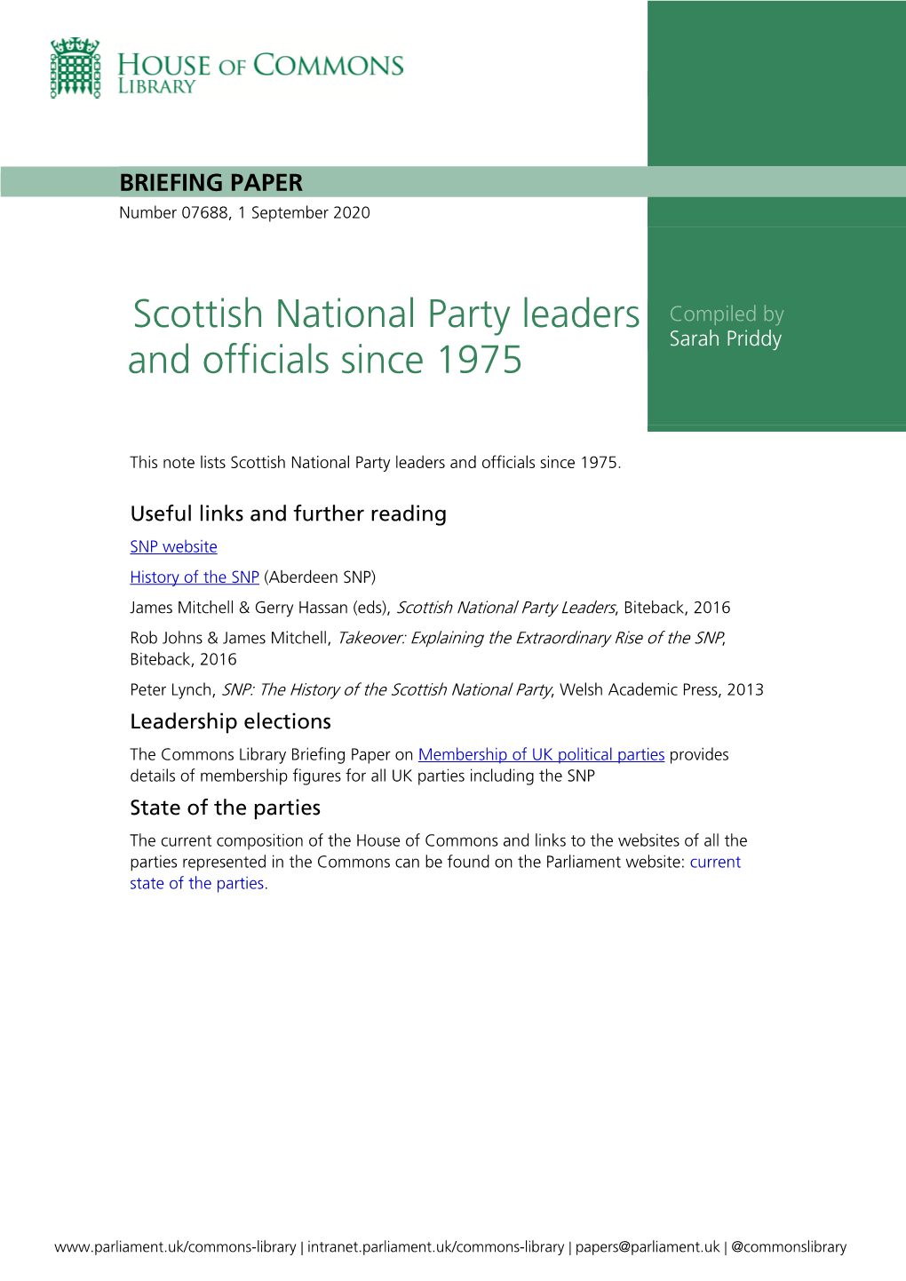 Scottish National Party Leaders and Officials Since 1975