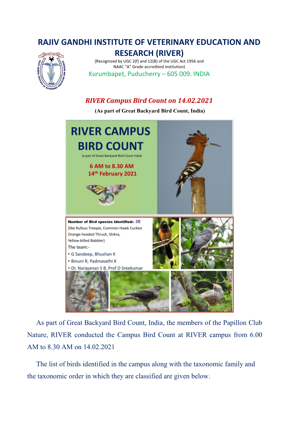 RIVER Campus Bird Count Held on 14-02-2021