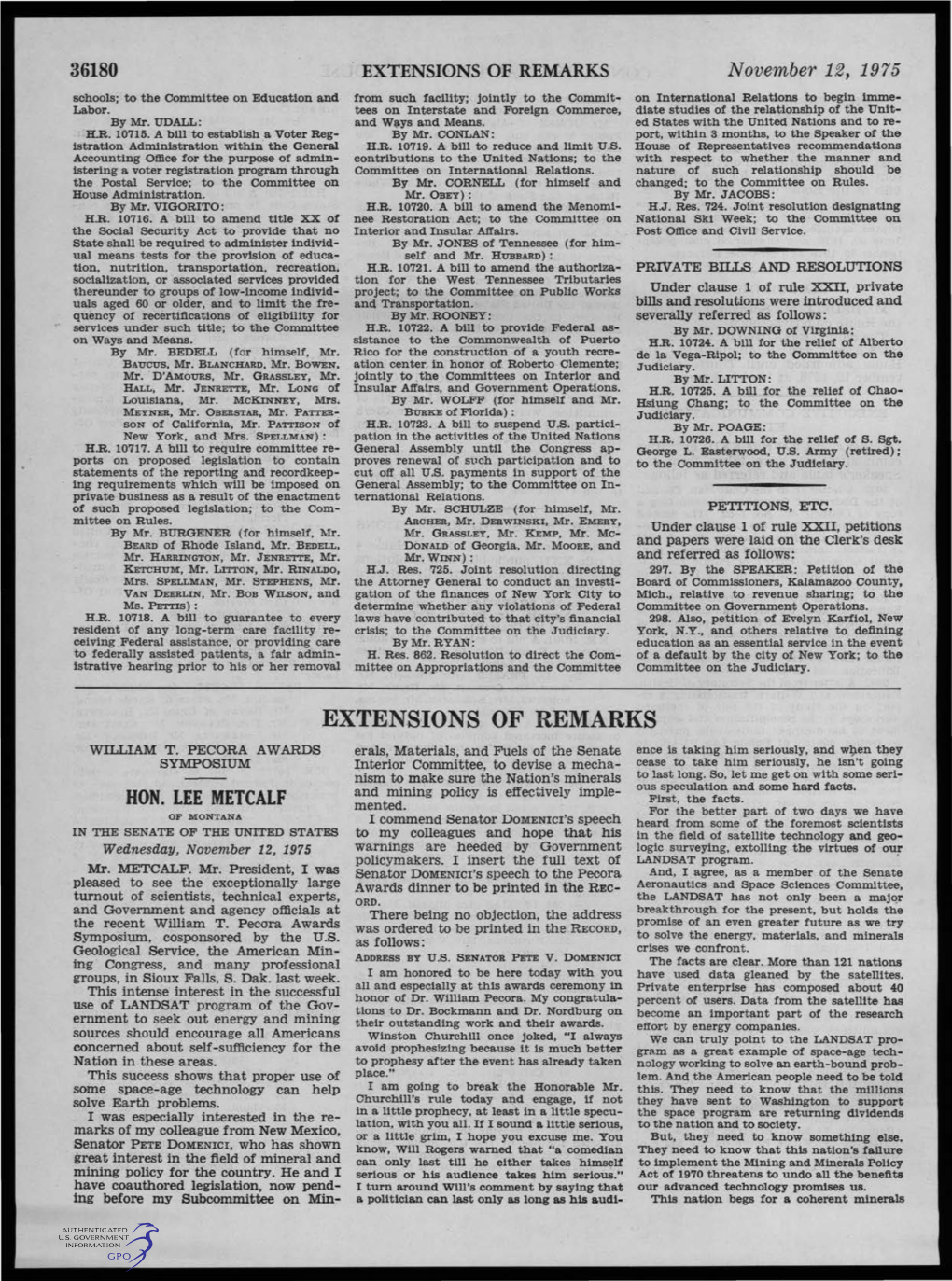 OF REMARKS November 12, 1975 Schools; to the Committee on Education and from Such Facility; Jointly to the Commit­ on International Relations to Begin Imme­ Labor