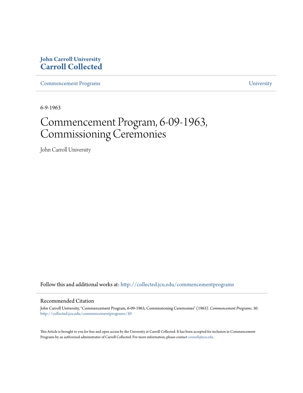 Commencement Program, 6-09-1963, Commissioning Ceremonies John Carroll University
