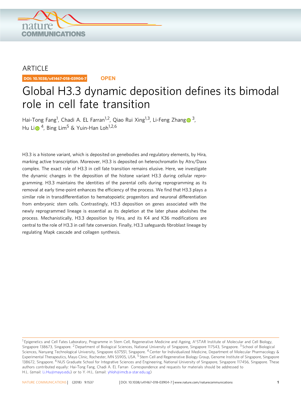 Global H3.3 Dynamic Deposition Defines Its Bimodal Role in Cell Fate Transition