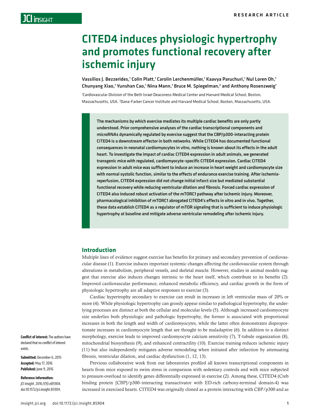 CITED4 Induces Physiologic Hypertrophy and Promotes Functional Recovery After Ischemic Injury