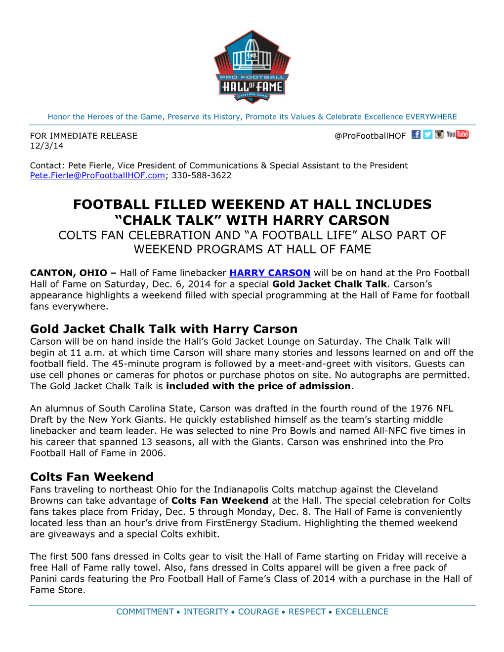 With Harry Carson Colts Fan Celebration and “A Football Life” Also Part of Weekend Programs at Hall of Fame