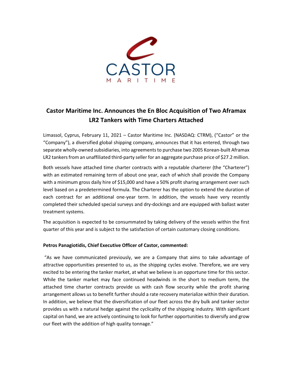 Castor Maritime Inc. Announces the En Bloc Acquisition of Two Aframax LR2 Tankers with Time Charters Attached