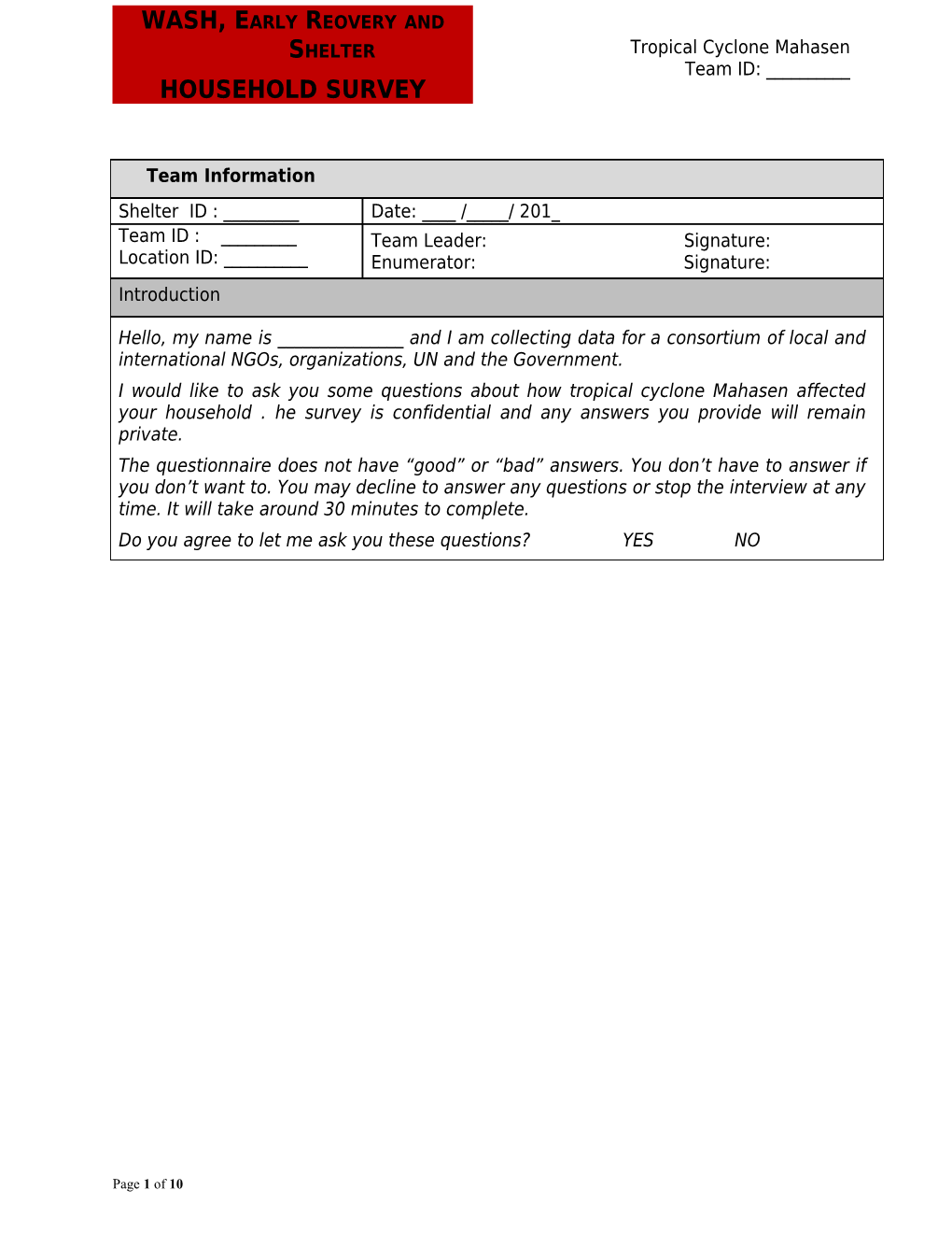 This Questionnaire Is Aiming at Collecting Data at Mouza Level