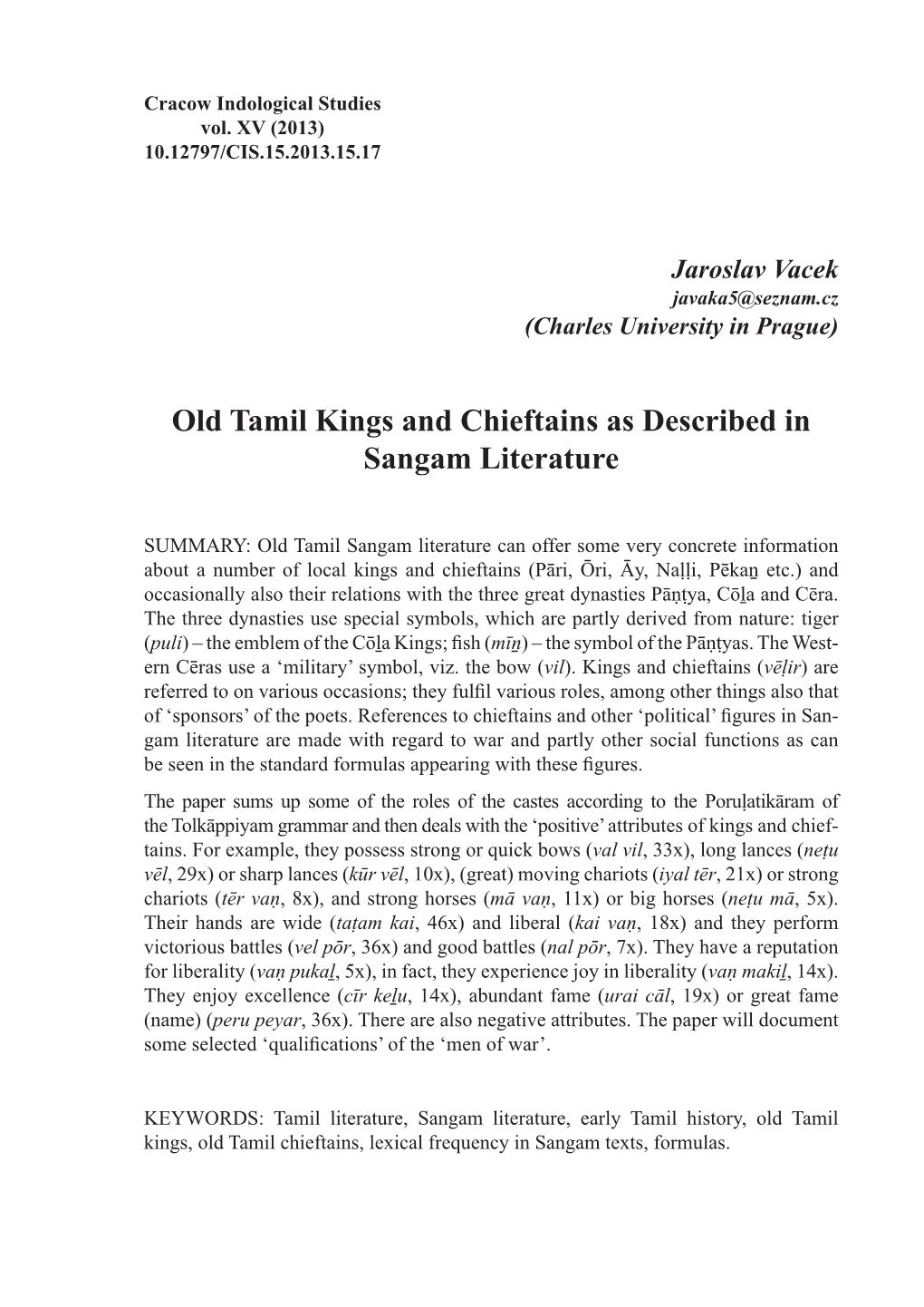 Old Tamil Kings and Chieftains As Described in Sangam Literature