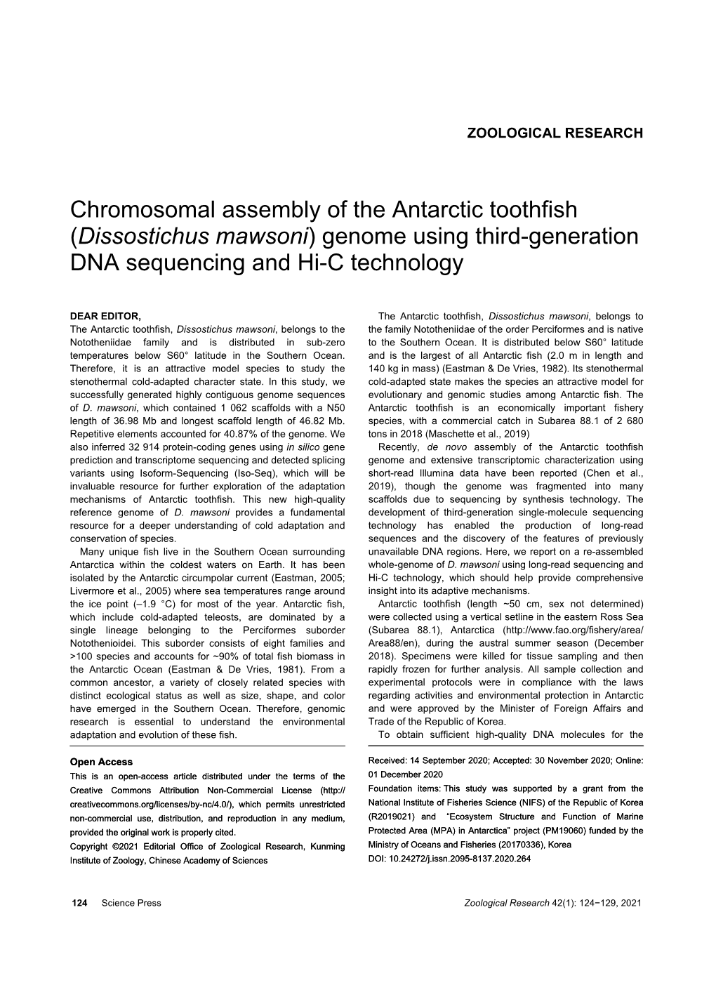 Chromosomal Assembly of the Antarctic Toothfish (Dissostichus Mawsoni) Genome Using Third-Generation DNA Sequencing and Hi-C Technology