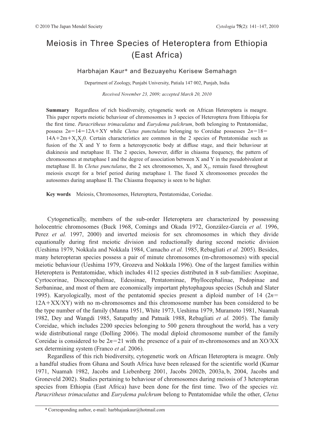 Meiosis in Three Species of Heteroptera from Ethiopia (East Africa)