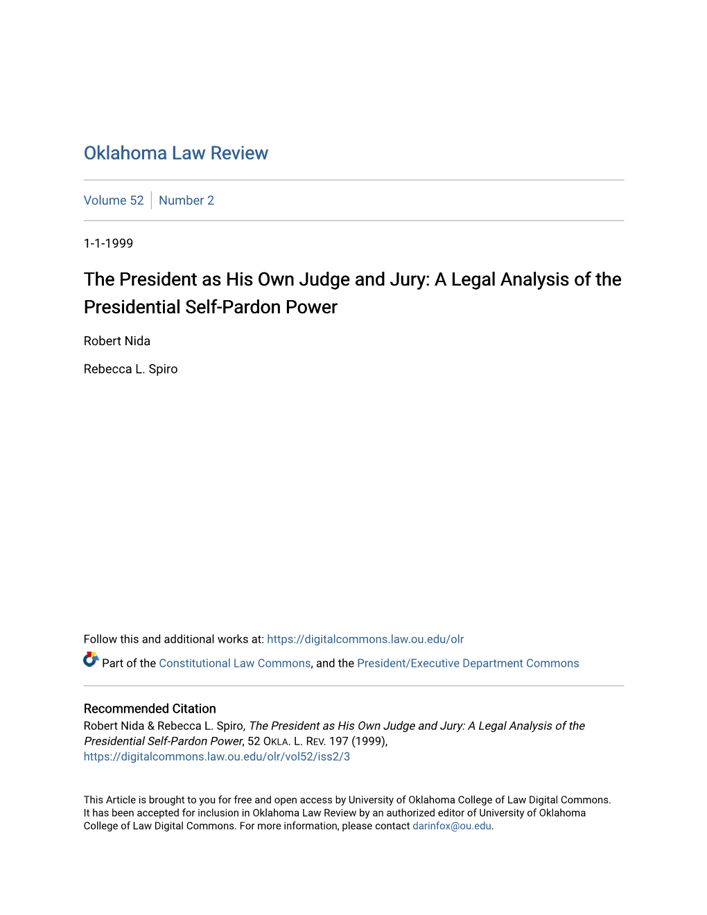 The President As His Own Judge and Jury: a Legal Analysis of the Presidential Self-Pardon Power