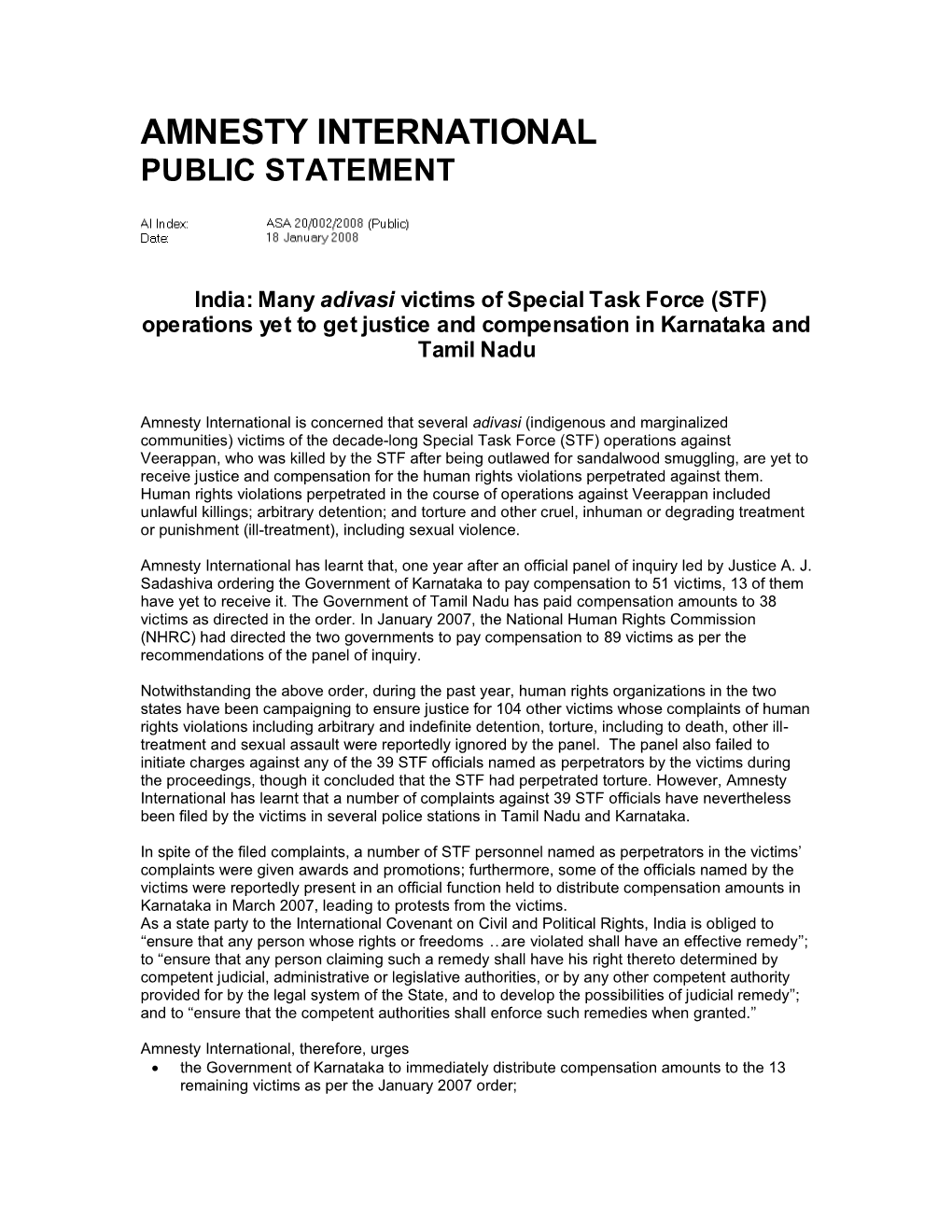 India: Many Adivasi Victims of Special Task Force (STF) Operations Yet to Get Justice and Compensation in Karnataka and Tamil Nadu