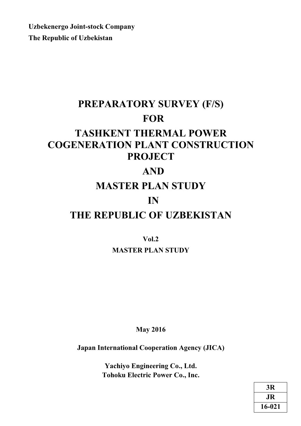 (F/S) for Tashkent Thermal Power Cogeneration Plant Construction Project and Master Plan Study in the Republic of Uzbekistan