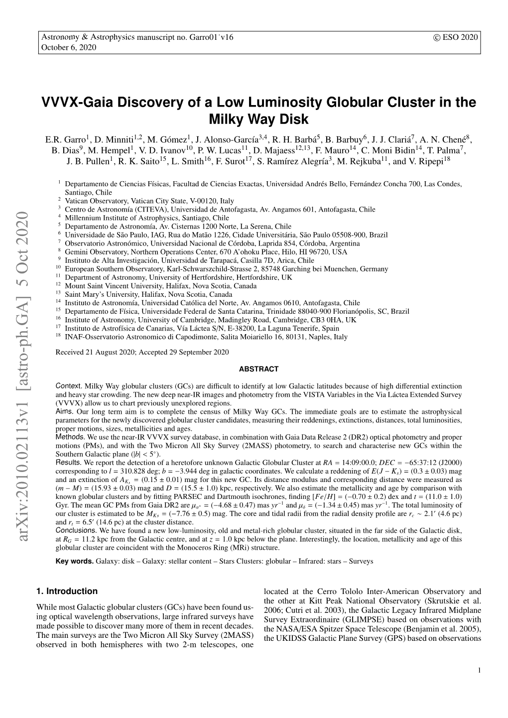 VVVX-Gaia Discovery of a Low Luminosity Globular Cluster in the Milky Way Disk E.R