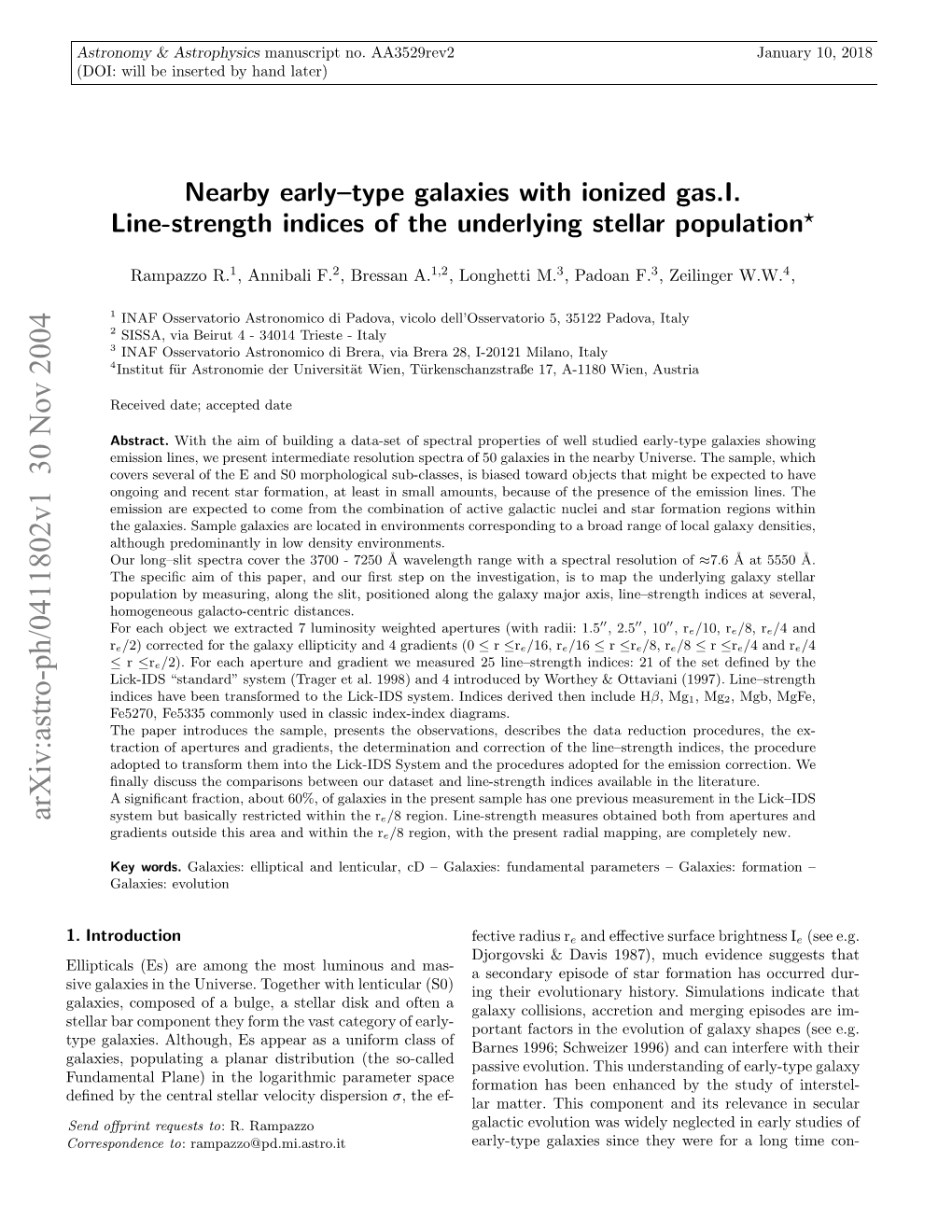 Nearby Early-Type Galaxies with Ionized Gas. I. Line-Strength Indices