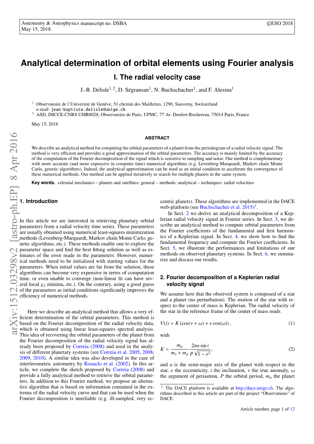 Analytical Determination of Orbital Elements Using Fourier Analysis. I