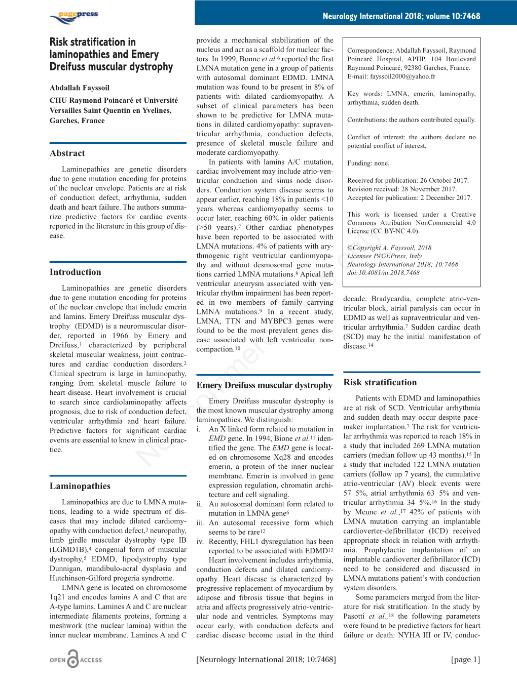 Risk Stratification in Laminopathies and Emery Dreifuss Muscular