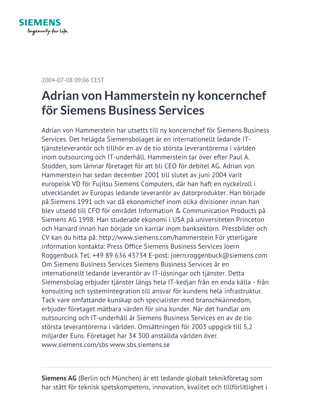 Adrian Von Hammerstein Ny Koncernchef För Siemens Business Services