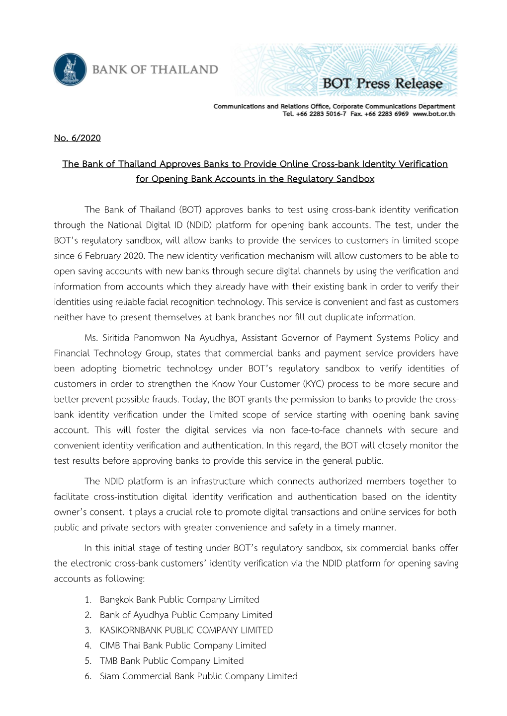 The Bank of Thailand Approves Banks to Provide Online Cross-Bank Identity Verification for Opening Bank Accounts in the Regulatory Sandbox