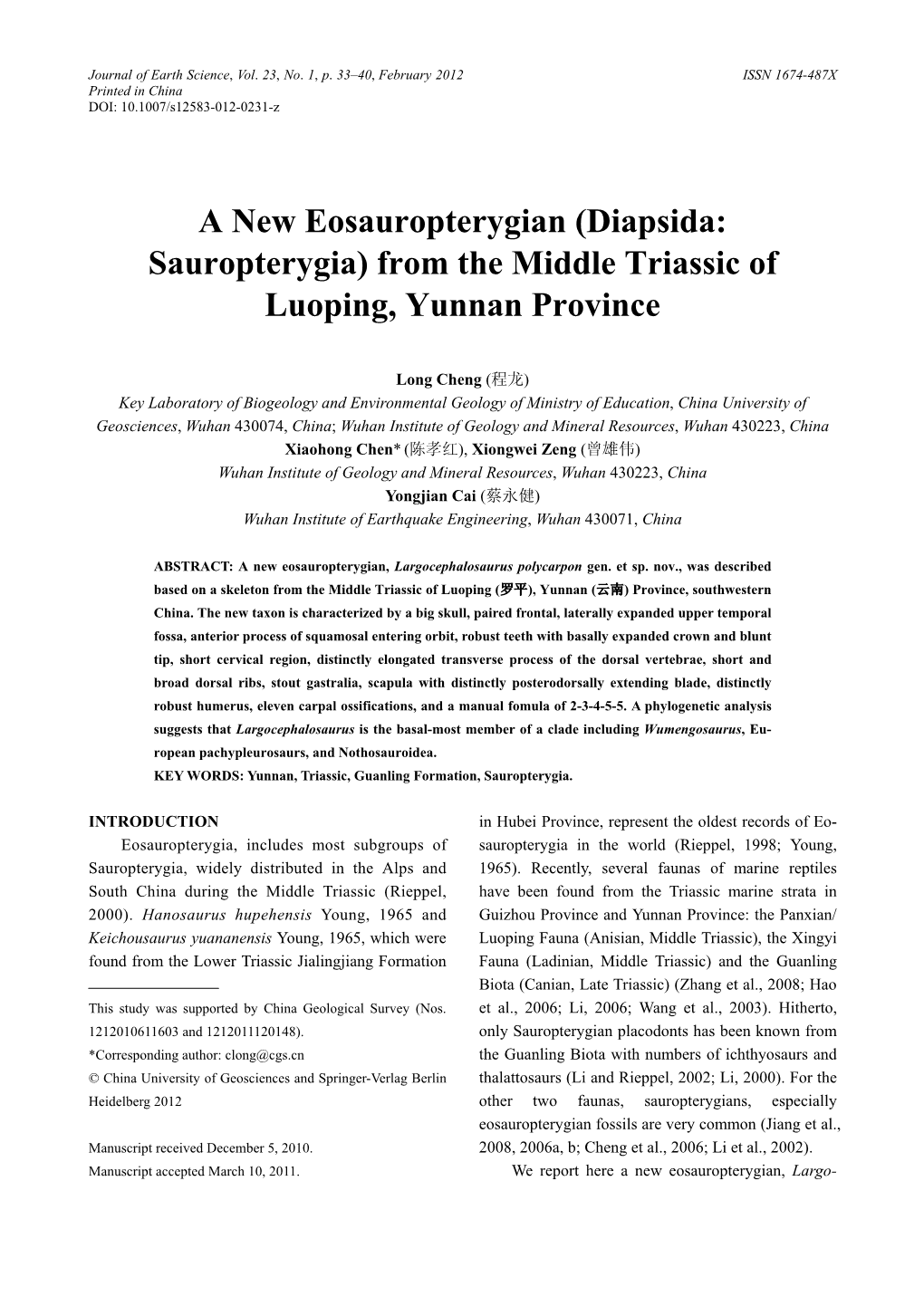 (Diapsida: Sauropterygia) from the Middle Triassic of Luoping, Yunnan Province