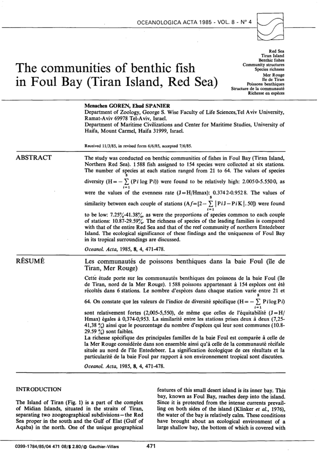 Tiran Island, Red Sea) Poissons Benthiques Structure De La Communauté Richesse En Espèces