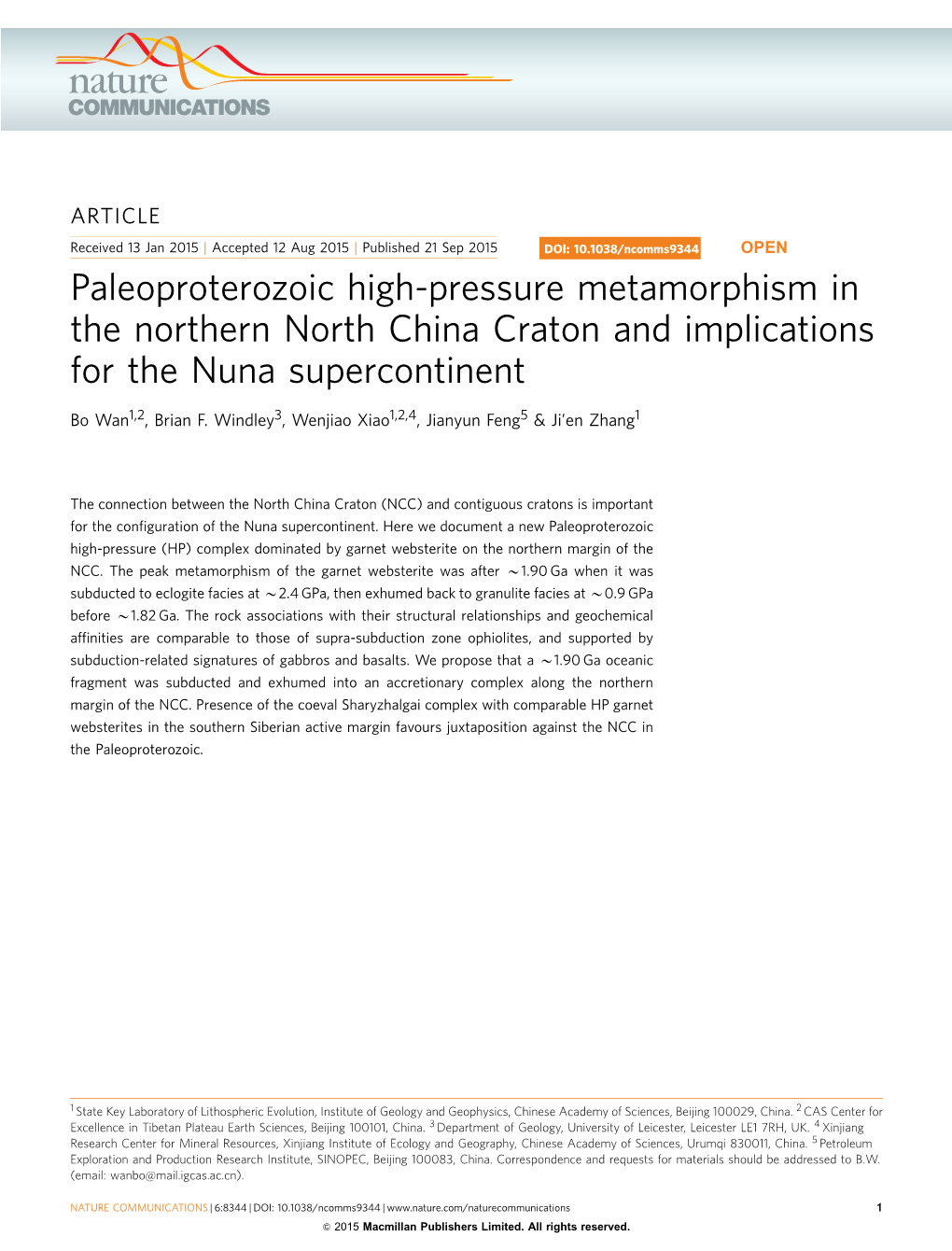 Paleoproterozoic High-Pressure Metamorphism in the Northern North China Craton and Implications for the Nuna Supercontinent