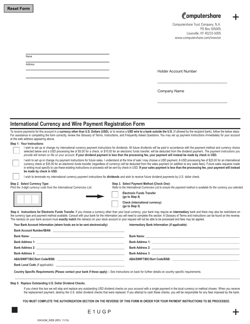 International Currency and Wire Payment Registration Form to Receive Payments for This Account in a Currency Other Than U.S