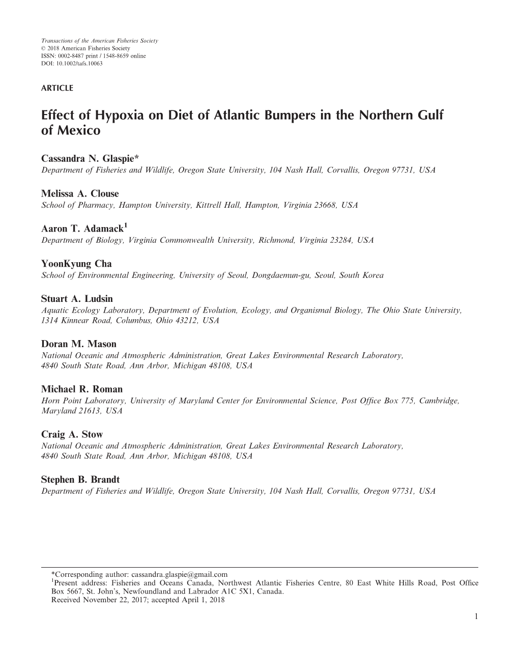 Effect of Hypoxia on Diet of Atlantic Bumpers in the Northern Gulf of Mexico