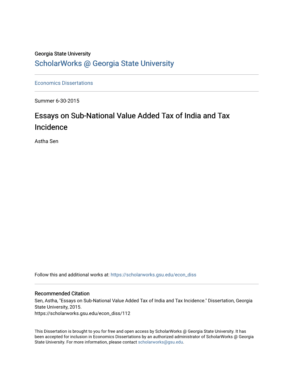 Essays on Sub-National Value Added Tax of India and Tax Incidence