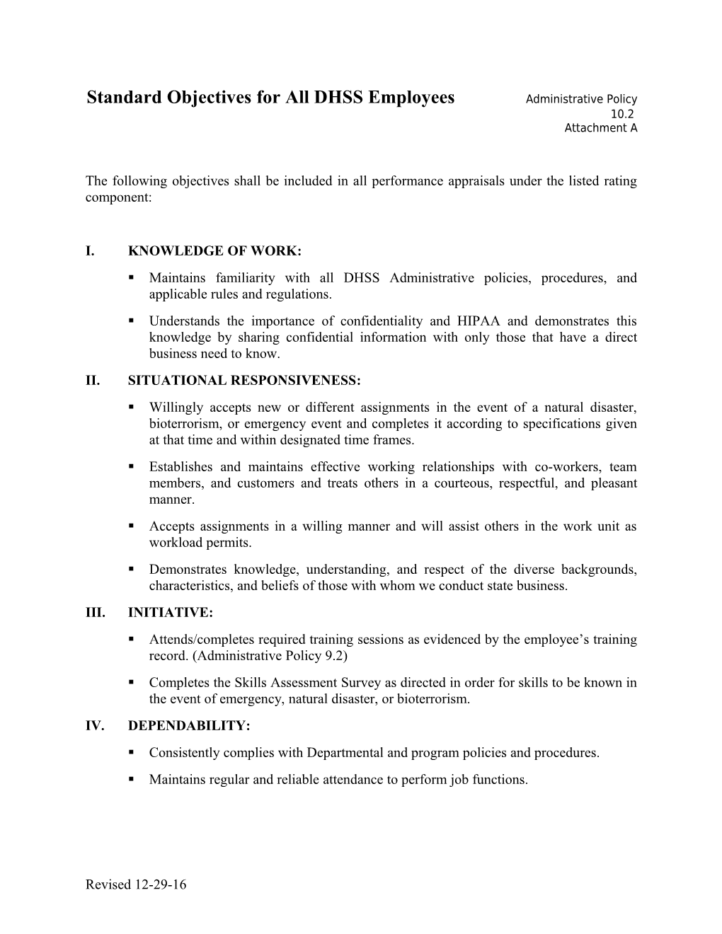 Standard Objectives for All DHSS Employees Administrative Policy 10.2