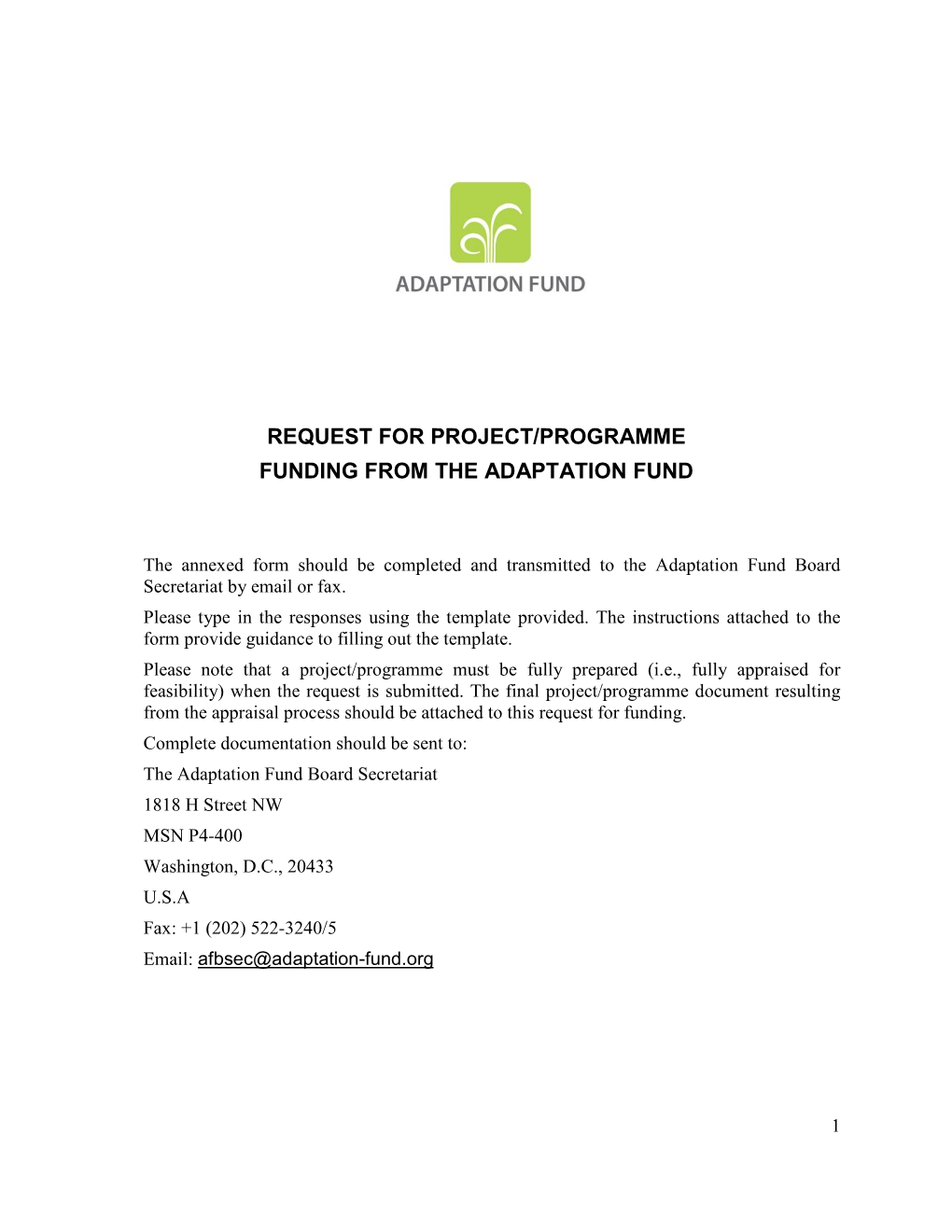 Request for Project/Programme Funding from the Adaptation Fund