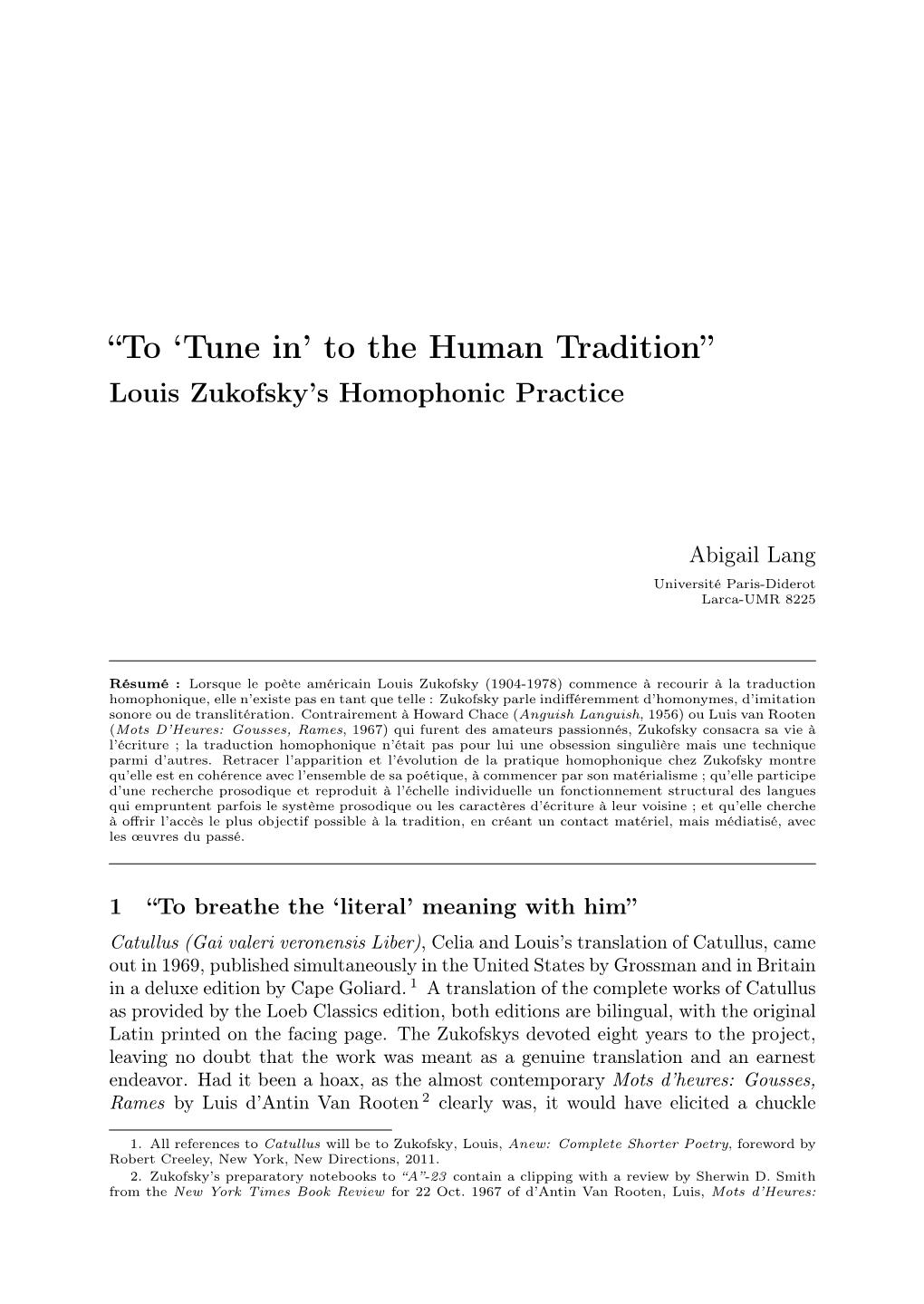 “To 'Tune In' to the Human Tradition”