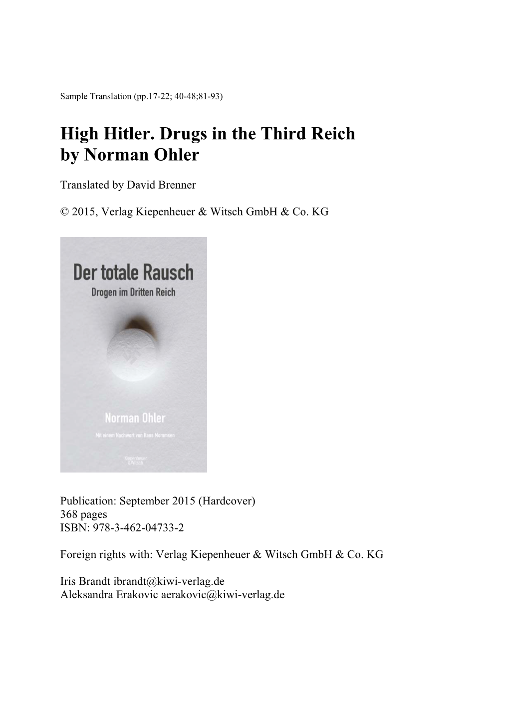 High Hitler. Drugs in the Third Reich by Norman Ohler