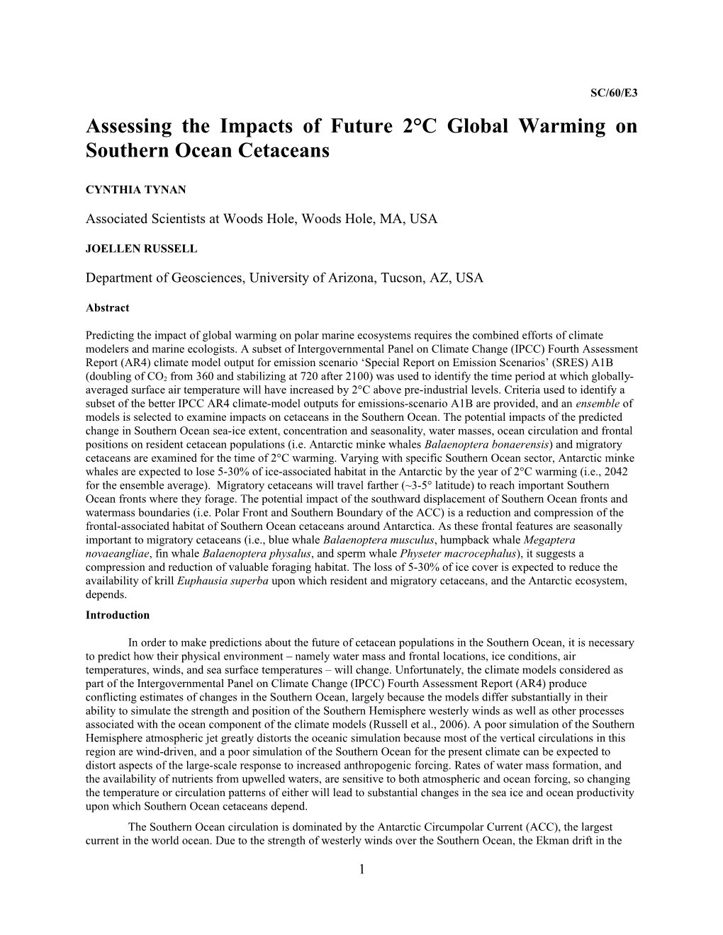 Assessing the Impacts of Future 2 C Global Warming on Southern Ocean Cetaceans