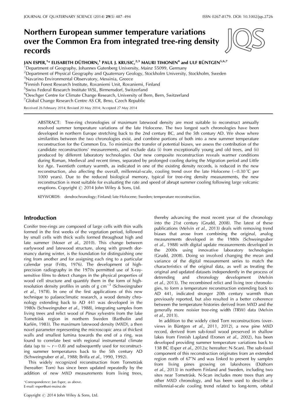 Northern European Summer Temperature Variations Over the Common Era from Integrated Treering Density Records