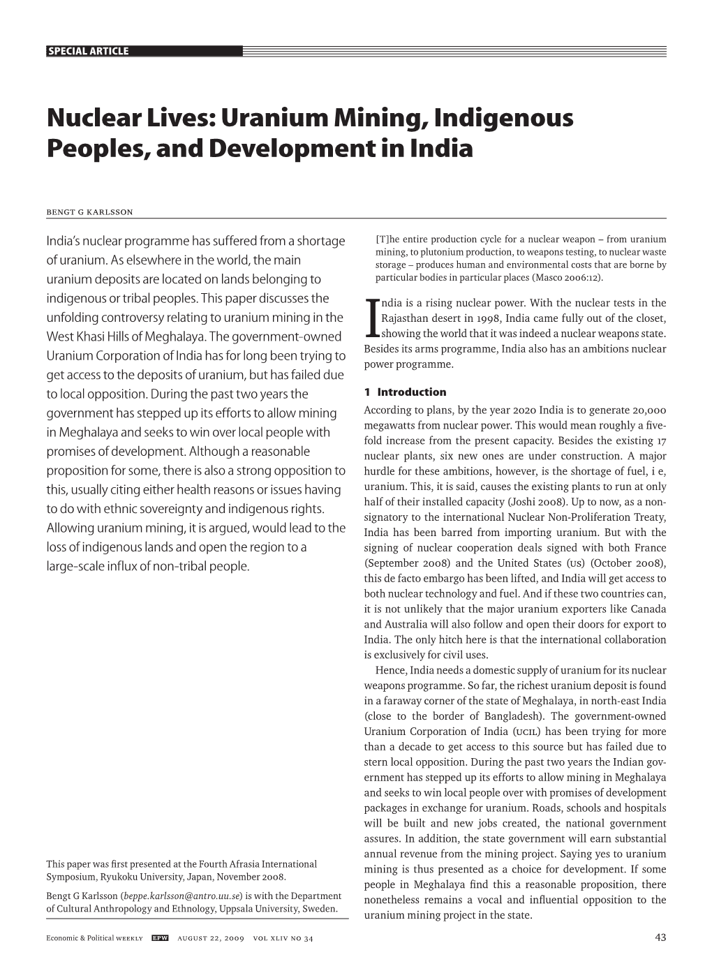 Nuclear Lives: Uranium Mining, Indigenous Peoples, and Development in India